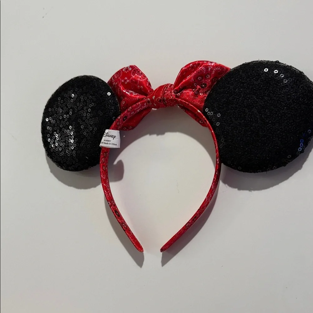 Disney Black Sequin Minnie Ears Headband with Red Bandana Bow
